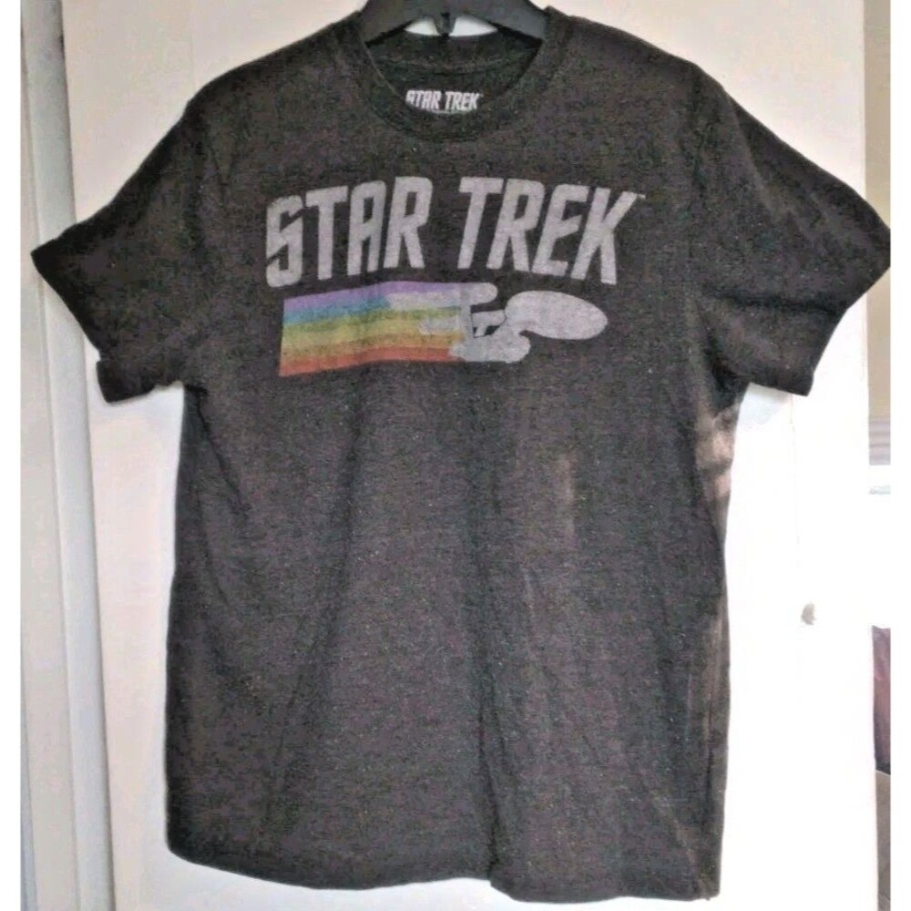 Star Trek Shirt Mens Medium Gray Rainbow Fleck Speckled USS Enterprise Graphic T